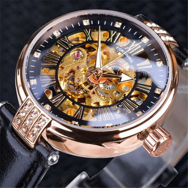 Elegant Automatic Mechanical Ladies' Watch with Luminous Display and Genuine Leather Strap
